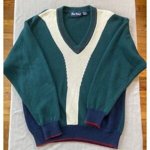 90s Vintage Par Four Men Large V-Neck Sweater Green Blue Colorblock Ramie Cotton